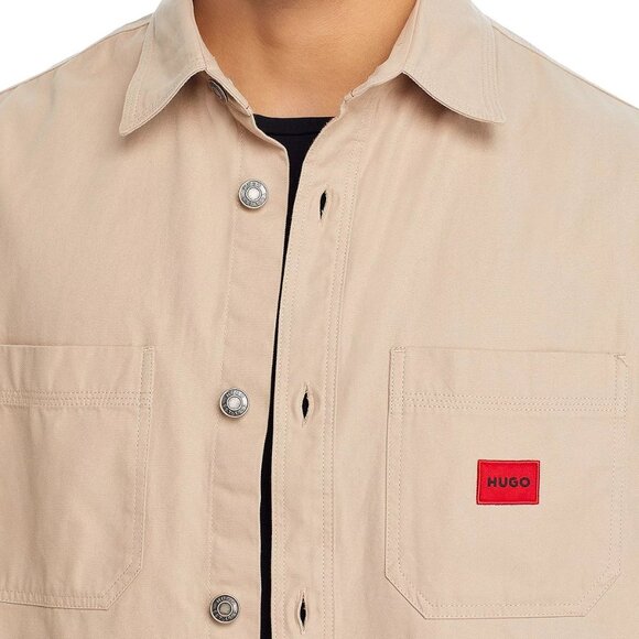 Hugo Boss Men's HUGO Oversized Erato Cotton Twill Red Logo LS Overshirt Beige L - Picture 2 of 8